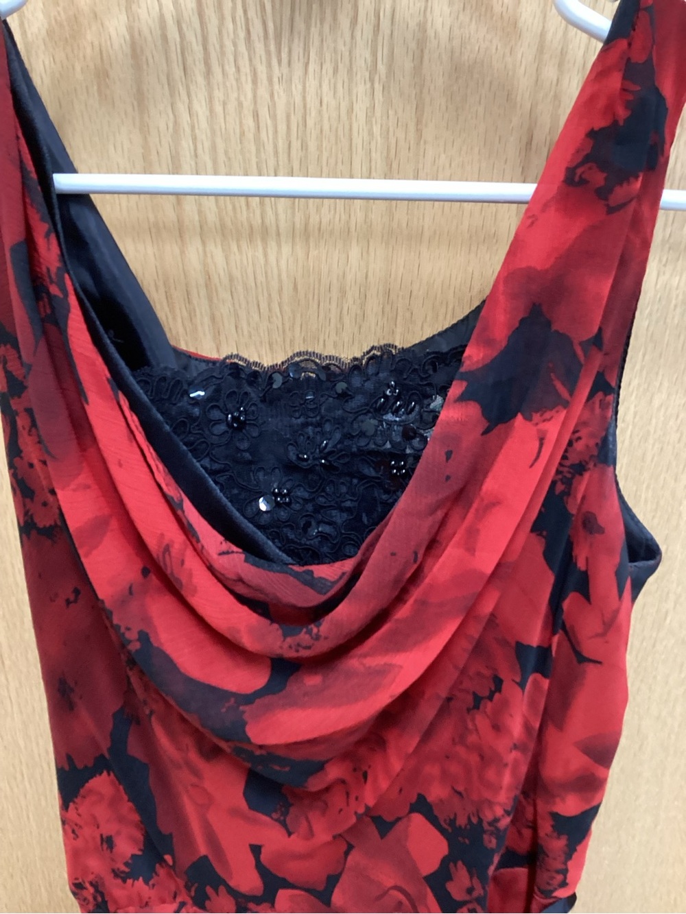 Coldwater Creek Red & Black Floral Cowl-Neck Dress with Satin Tie - Picture 2 of 6